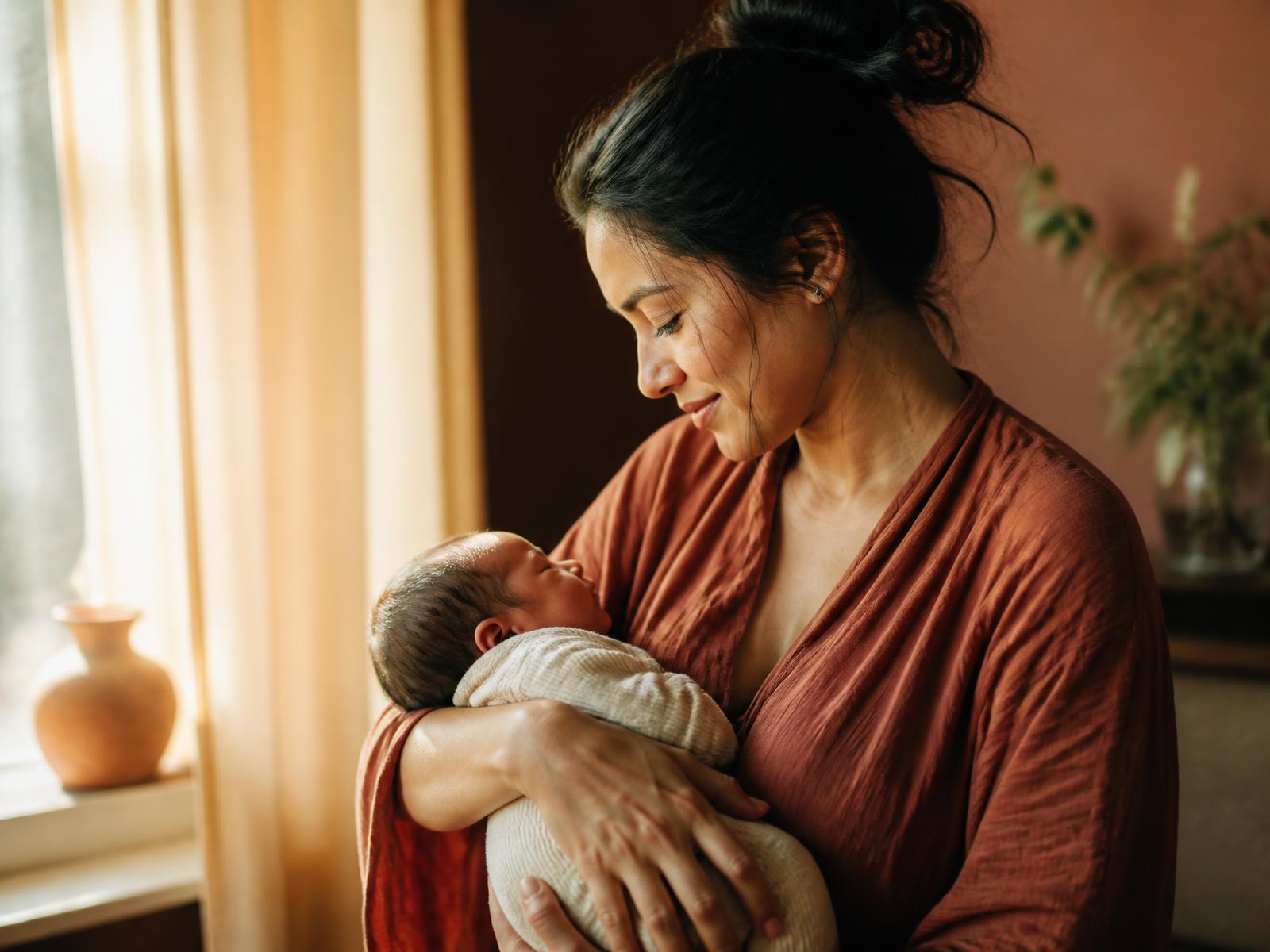 A mother holding her sleeping newborn in warm window light